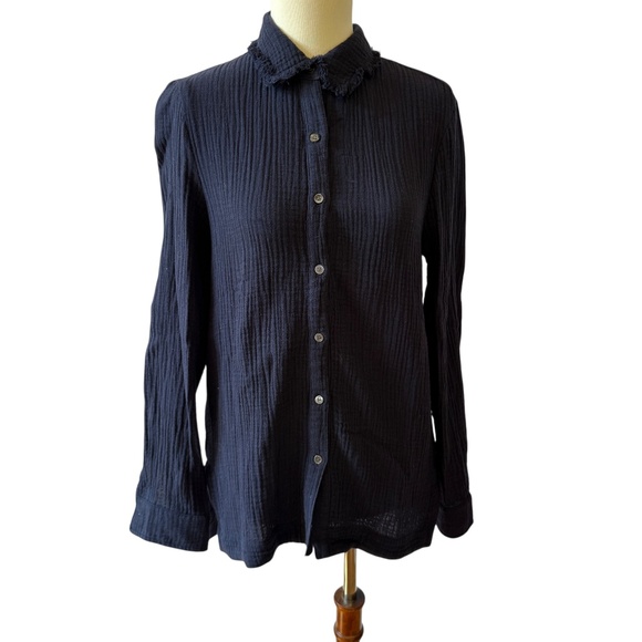 J MCLAUGHLIN COTTON CRINKLED BUTTON FRONT TOP FRINGE COLLAR BREATHABLE GAUZY XS - Picture 1 of 11